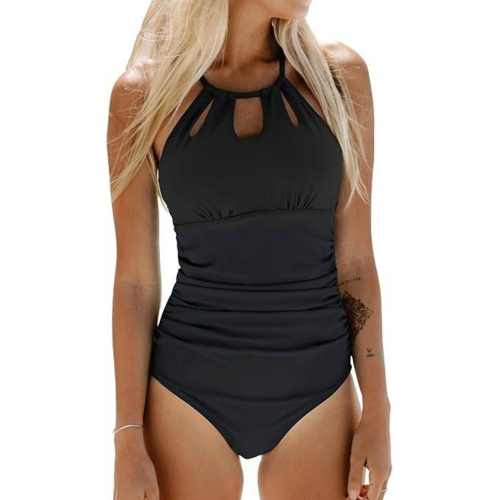 Cupshe Black Ruched Halter One Piece Swimsuit Tummy Control XL NEW